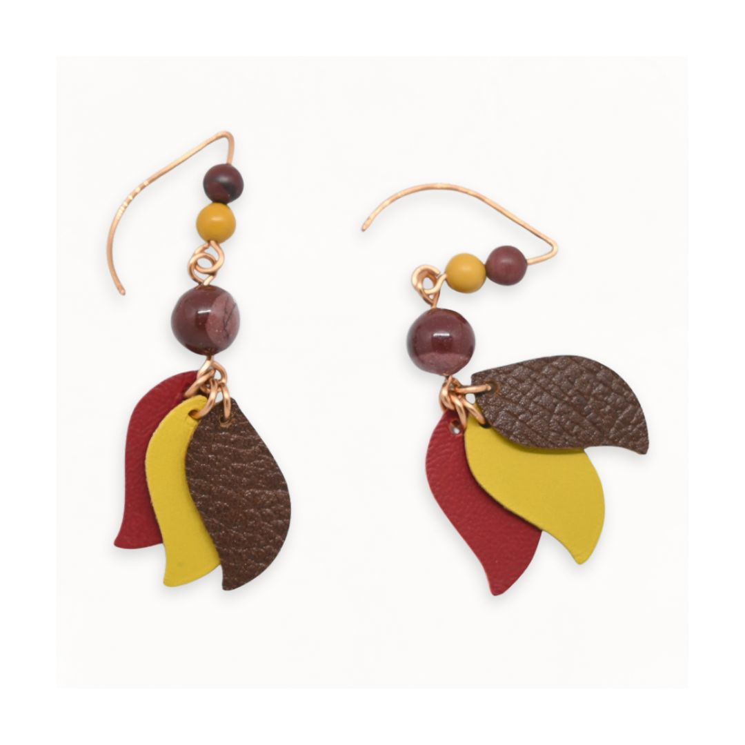 Earthy Boho Leaf Drop Earrings Kangaroo Leather Natural Jasper Crimson Red Wattle Yellow Rich Espresso