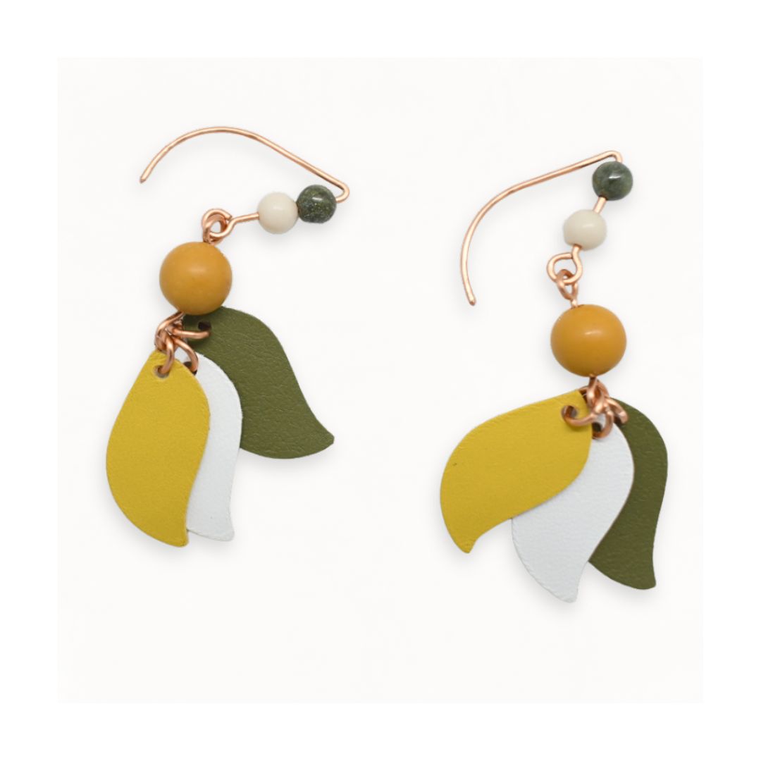 Earthy Boho Leaf Drop Earrings Kangaroo Leather Natural Jasper Wattle Yellow Blanc Olive Moss Green
