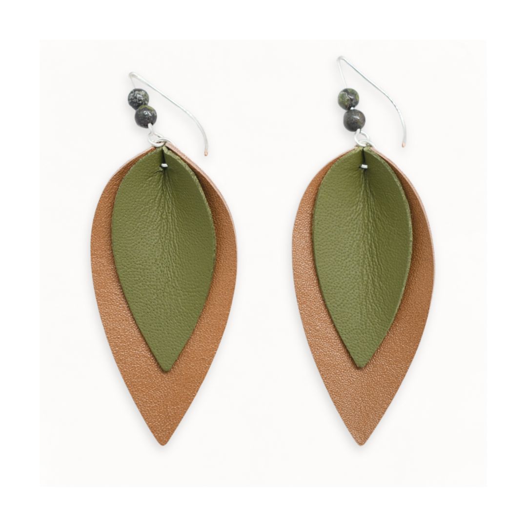 Nature Inspired Leaf Drop Earrings - Kangaroo Leather with Natural Jasper Stone - Tan Ochre Olive Moss Green