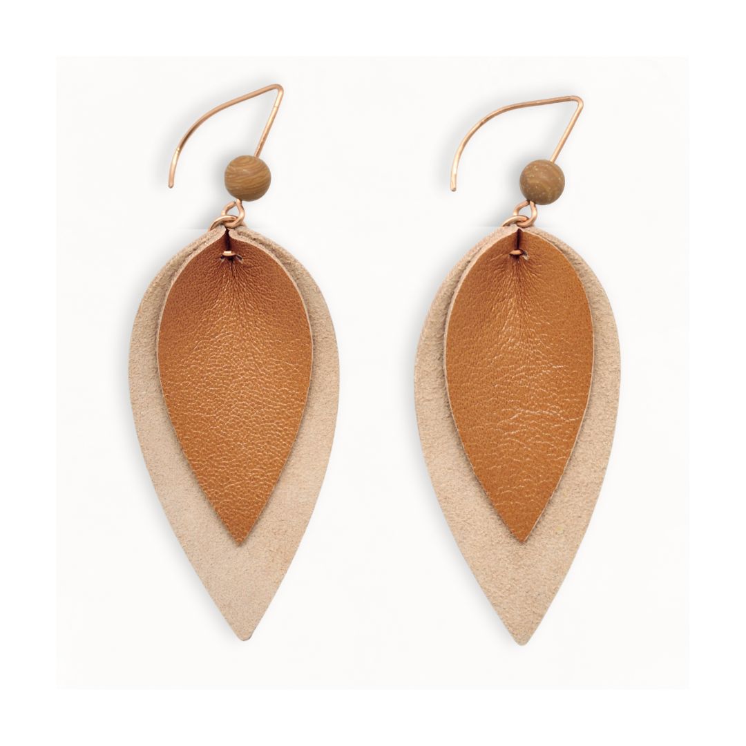 Nature Inspired Leaf Drop Earrings - Kangaroo Leather with Natural Jasper Stone - Carmel Tan Sandy Cream