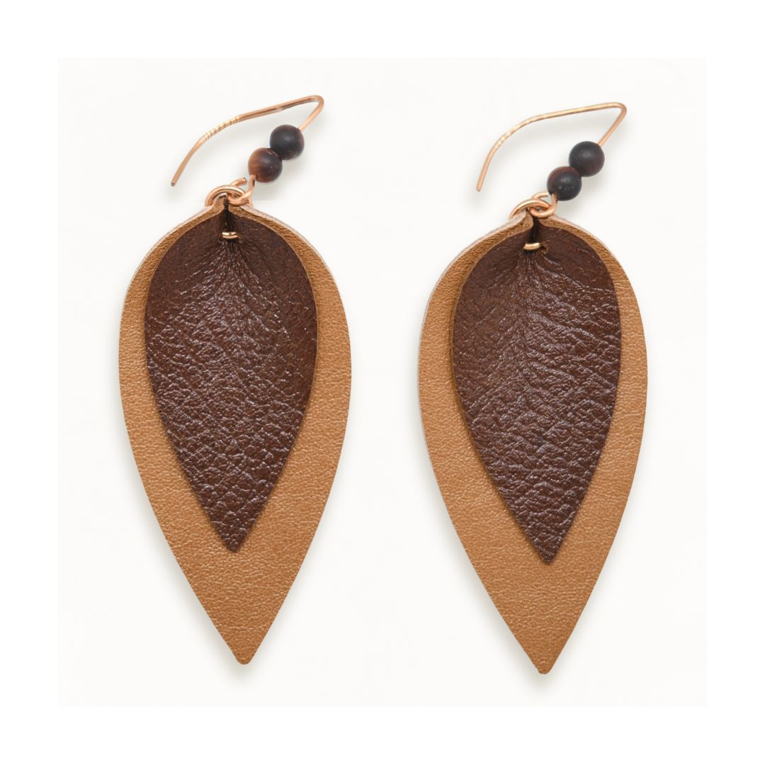 Nature Inspired Leaf Drop Earrings - Kangaroo Leather with Natural Jasper Stone - Carmel Tan Deep Espresso