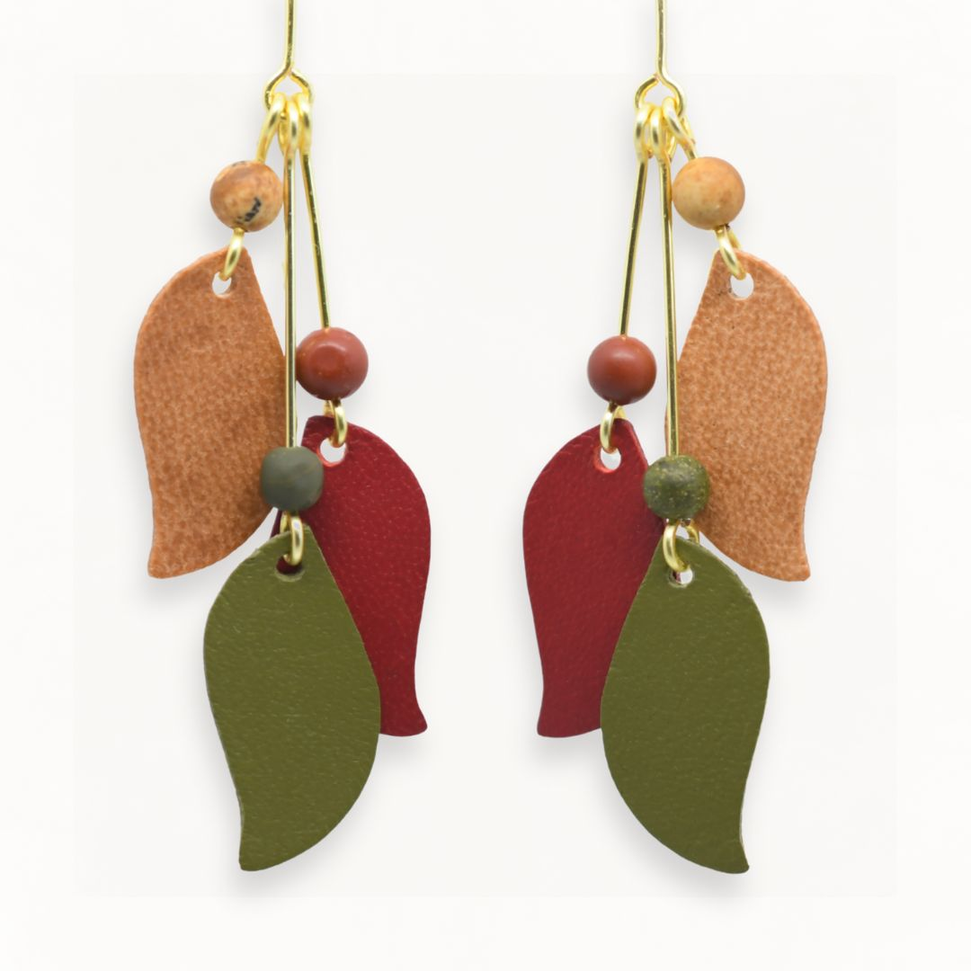 Crimson Red, Sage Green, Earthy Tan Sophisticated Leaf Drop Earrings: Handcrafted Kangaroo Leather & Natural Jasper