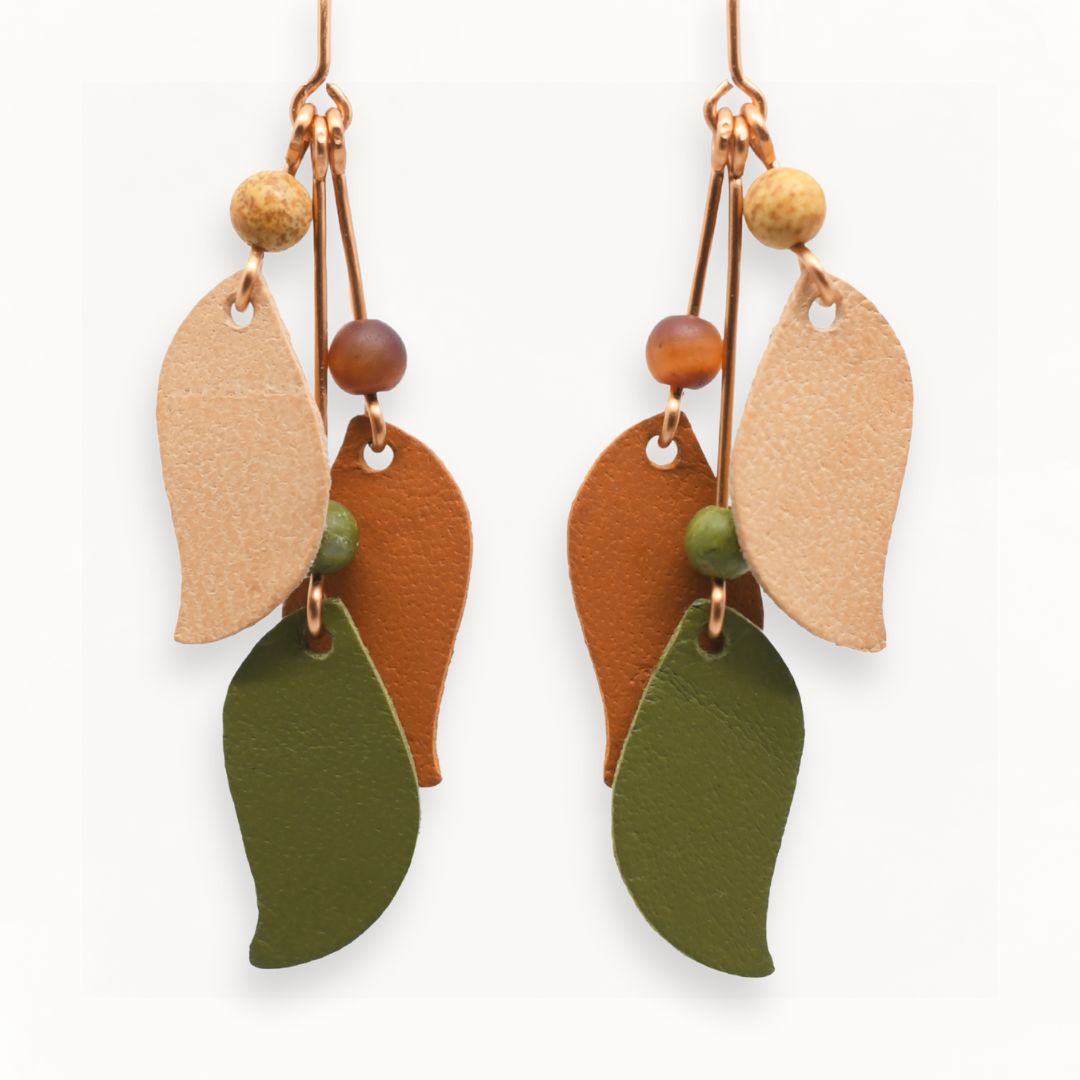 Boho Leaf Drop Earrings: Handcrafted Kangaroo Leather & Jasper